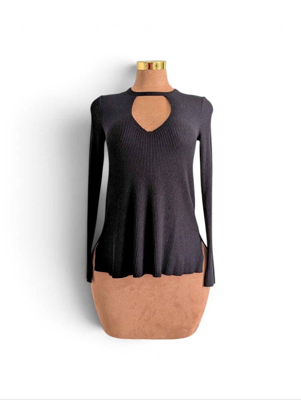 Project Social T Black Long-Sleeve Keyhole Ribbed Knit Top